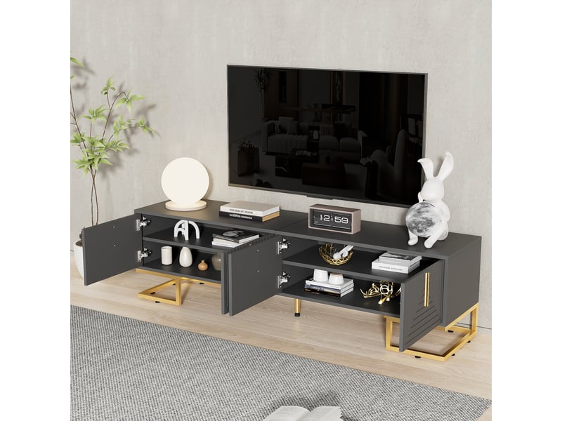  Meuble tv 170x40x45,5 cm avec rangement 4 portes et étagères, pieds dorés réglables, panneau de particules, gris  - Conforama W