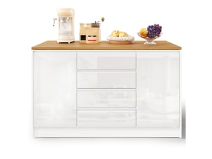Desserte de cuisine 140x80x90 cm avec plan de travail extensible, 4 tiroirs, 2 armoires, mdf, blanc et naturel