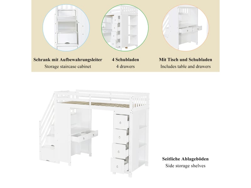 Lit mezzanine enfant blanc 90×200 cm en pin, mdf et panneaux de particules, bureau, 6 tiroirs, étagères et rangements - Conforama D