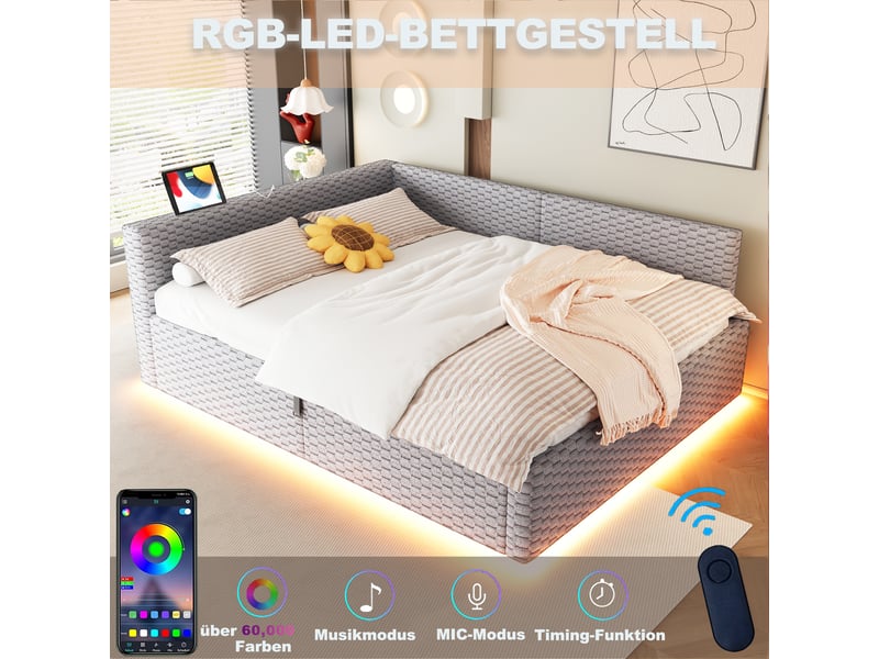  Lit rembourré 140 x 200 cm, coloris gris, éclairage led, prises usb et type-c, sans matelas.  - Conforama C