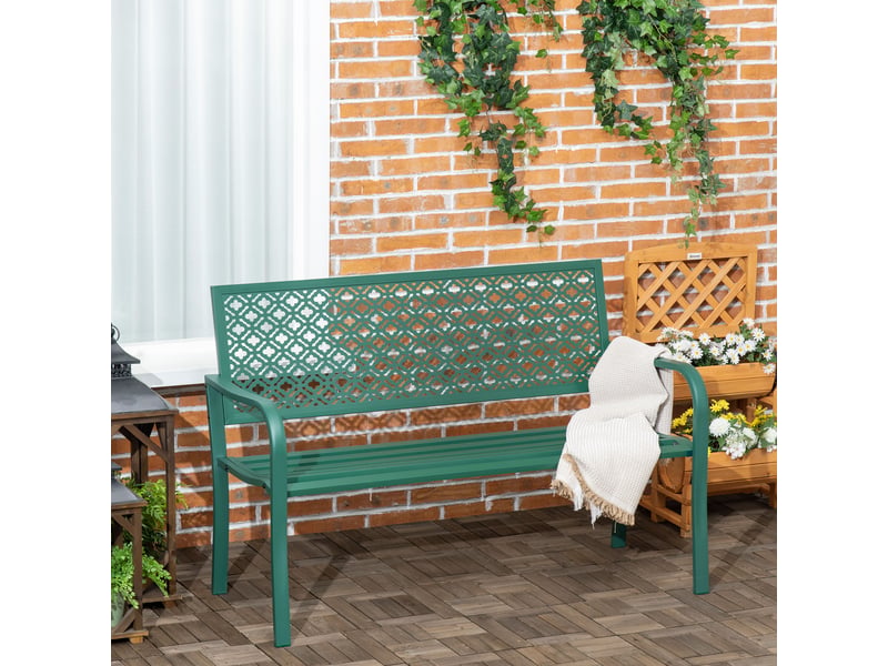  Banc de jardin banc extérieur jardin en acier avec dossier à motif floral pour 2 personnes 127 x 63 x 83 cm vert foncé  - Conforama D