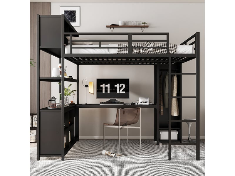  Lit mezzanine enfant 140x200 cm – noir – bureau, armoire intégrée et rangements sur deux niveaux – sans matelas  - Conforama B