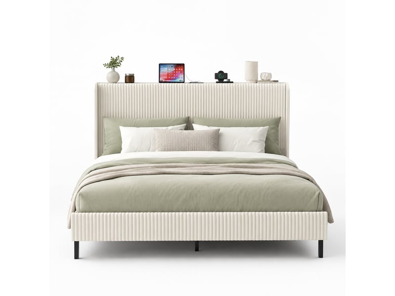  Cadre de lit 180x200 cm avec tête de lit en velours côtelé, beige et crème, métal  - Conforama A