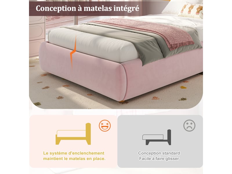  Lit enfant 90x200 cm - lit coffre avec rangement hydraulique - tête de lit rembourrée - angles arrondis - velours - rose  - Conforama R