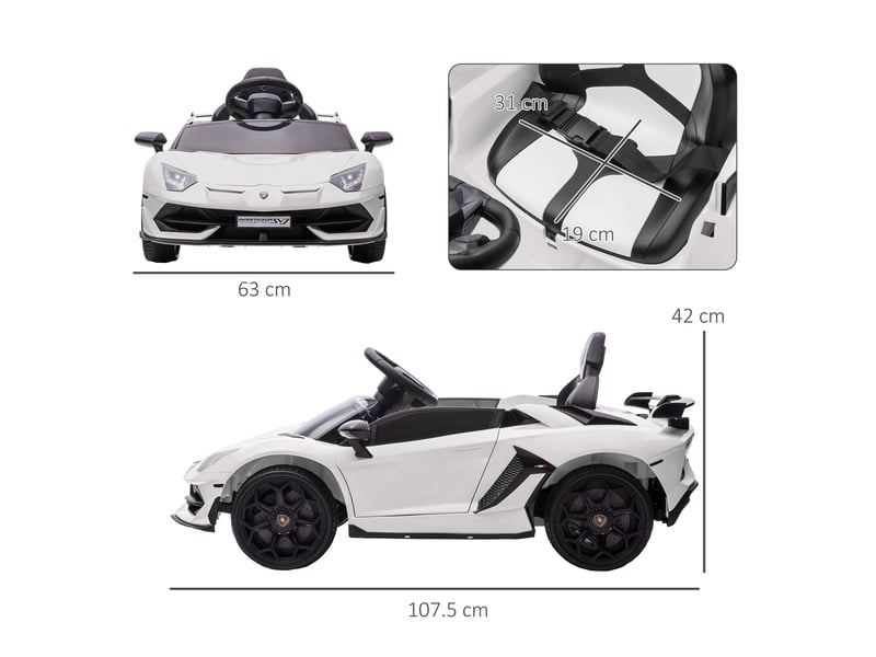 Voiture électrique lamborghini sous licence, 12 v, pour enfants, avec klaxon et télécommande, 107,5 x 63 x 42 cm, blanche - Conforama E