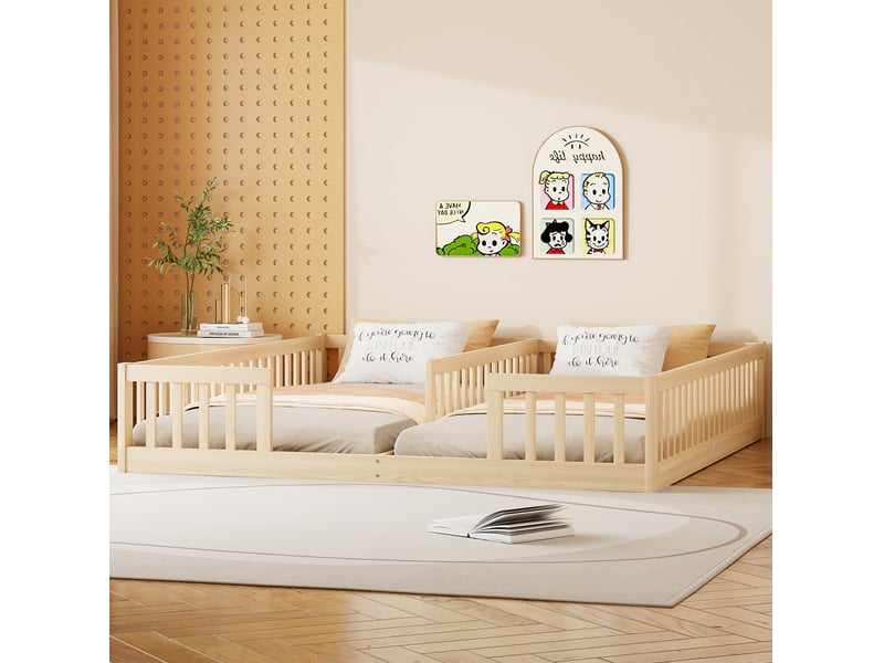  Lit enfant double 90x200 cm en pin naturel avec barrières  - Conforama E