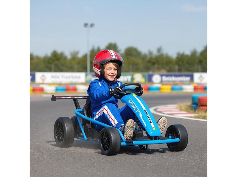  Kart électrique 24 v pour la conduite et le drift, pneus en nylon, ceinture de sécurité, klaxon, musique pour les 8-12 ans, bleu  - Conforama C