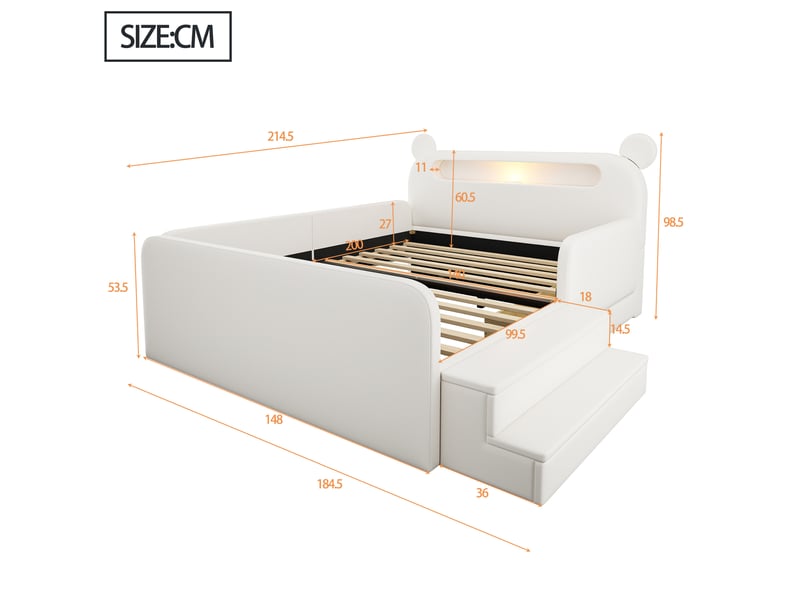  Lit enfant 140x200 cm blanc en cuir régénéré, tête de lit ours avec veilleuse, usb et rangement, sans matelas  - Conforama C