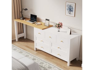 Bureau d'angle 120x40x70 cm avec 7 tiroirs, bureau avec rangement et plateau pivotant 360°, meuble blanc aspect chêne - blanc