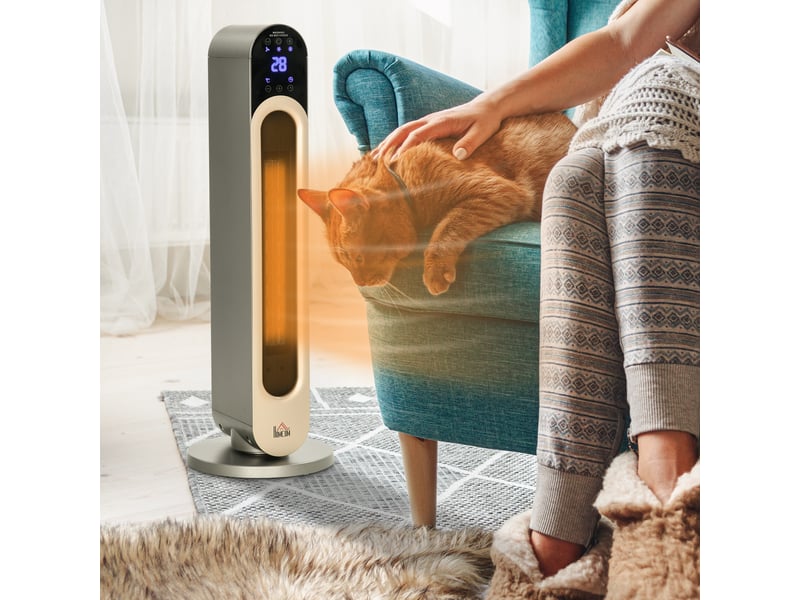  Radiateur céramique tour 11002200 w avec télécommande, affichage led, minuterie et fonction oscillation, ø 25 x 73,5 cm, argent  - Conforama C