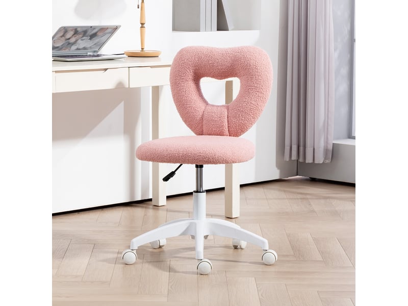  Chaise de bureau rose en tissu teddy, dossier cœur et hauteur réglable, idéale pour bureau ou coiffeuse  - Conforama B