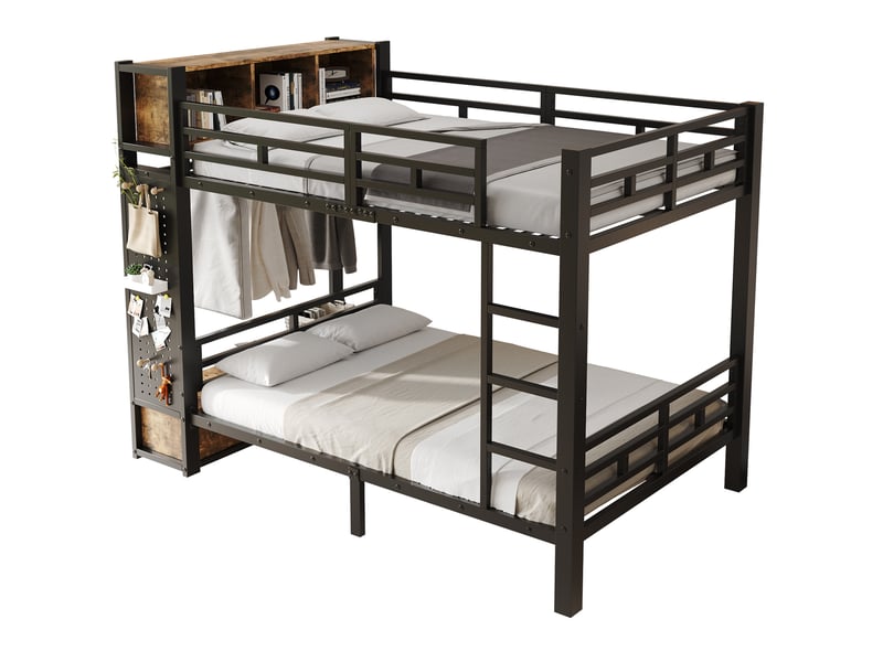 Lit superposé 120 × 200 cm 1 place avec penderie, tiroir et étagères, sans matelas, métal noir et noyer foncé - Conforama A