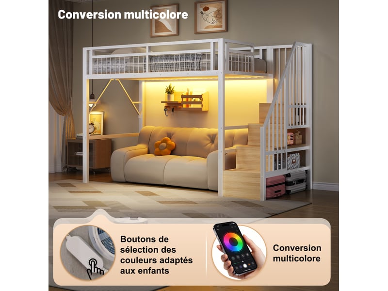  Lit mezzanine enfant 90x200 cm, led, marches avec rangement, cadre en métal, blanc, pour chambre enfant, sans matelas  - Conforama E