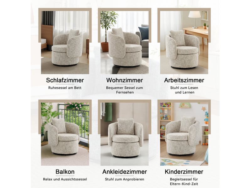 Fauteuil pivotant 360° 72 x 66,5 x 76 cm – beige – rangement caché, coussin de dossier moelleux  - Conforama E