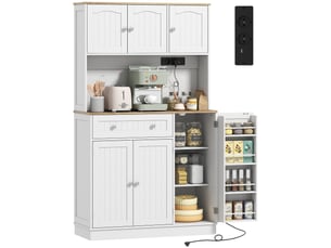 Buffet de cuisine haut, meuble de cuisine avec station de recharge, 6 portes, plan de travail, étagère à épices, 100 x 40 x 173 cm, blanc