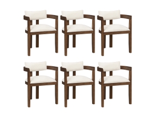 Chaises 6 pièces avec accoudoirs, bois et lin, coloris noyer