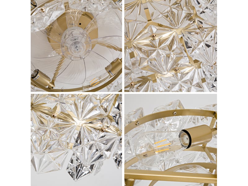  Ventilateur de plafond 19 pouces avec lustre en cristal au style luxe doré, motif en losanges, pales en abs, support app et télécommande, 6 vitesses avec fonction réversible  - Conforama E