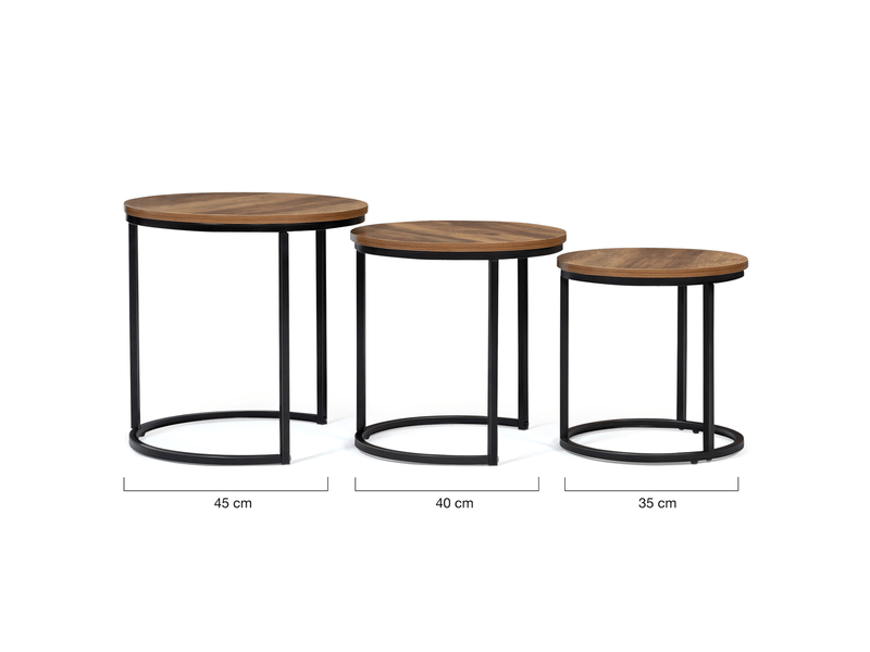 Lot de 3 tables basses gigognes hawkins rondes 30-40-45 bois foncé design industriel  - Conforama E