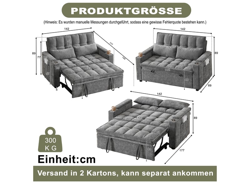  Anapé convertible 2 places 3 en 1 142x89x89 cm avec effet nuage, rangements accoudoirs, porte-gobelets, 2 coussins lombaires, chenille gris  - Conforama D