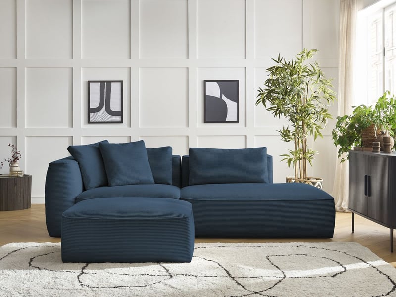  Bobochic canapé droit fixe 3 places leopold velours côtelé avec pouf bleu foncé  accoudoir gauche LEOPOLD - Conforama C