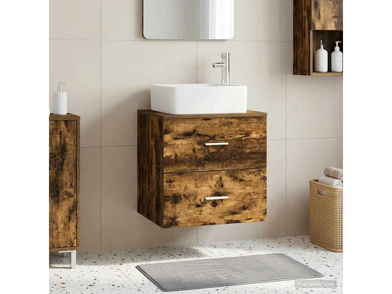  Vanité de lavabo mural, meuble de rangement chêne fumé 49.5x41x63 cm shl8926  - Conforama B