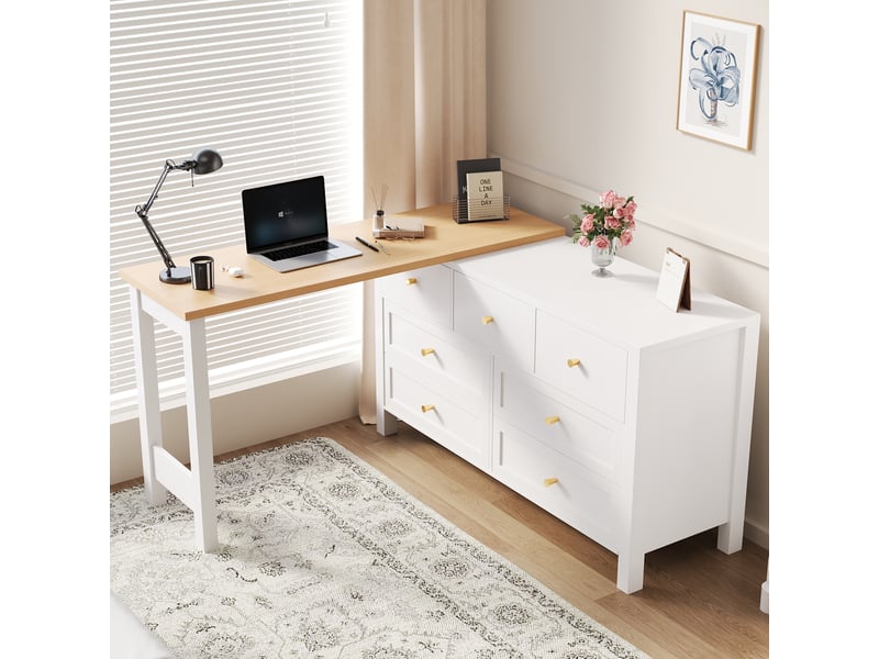  Bureau d'angle 120x40x70 cm avec 7 tiroirs, bureau avec rangement et plateau pivotant 360°, meuble blanc aspect chêne - blanc  - Conforama C