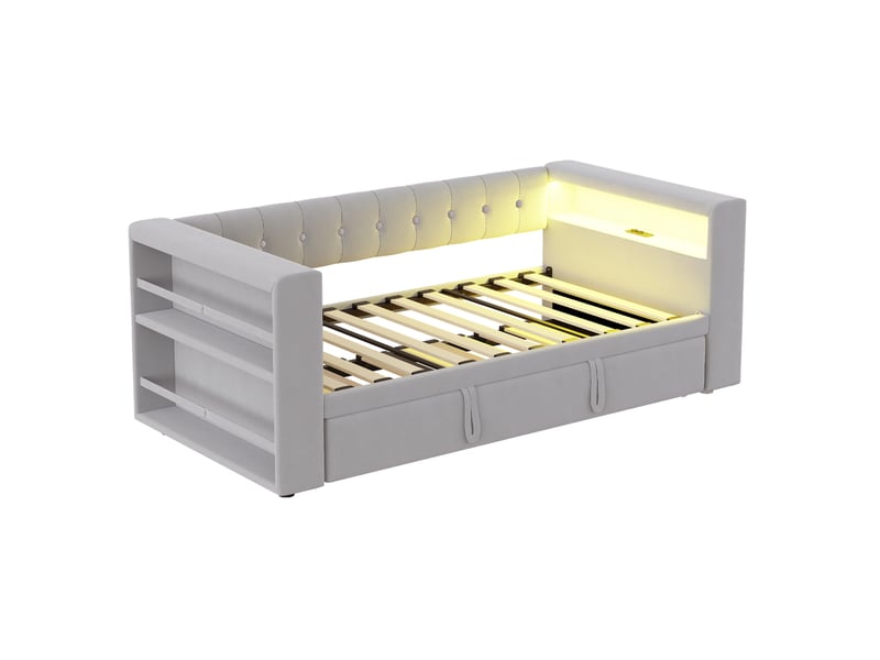  Lit gigogne 90180x190 cm avec led, prises et rangement mdf gris clair sans matelas  - Conforama E