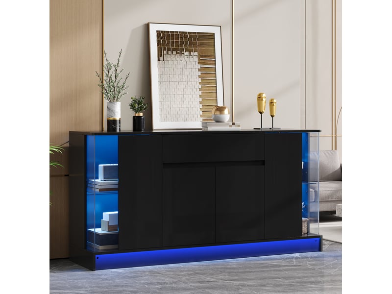  Buffet bas 150x40x75 cm avec 4 portes et 1 tiroir, led panneau de particules couleur noir, design moderne  - Conforama E