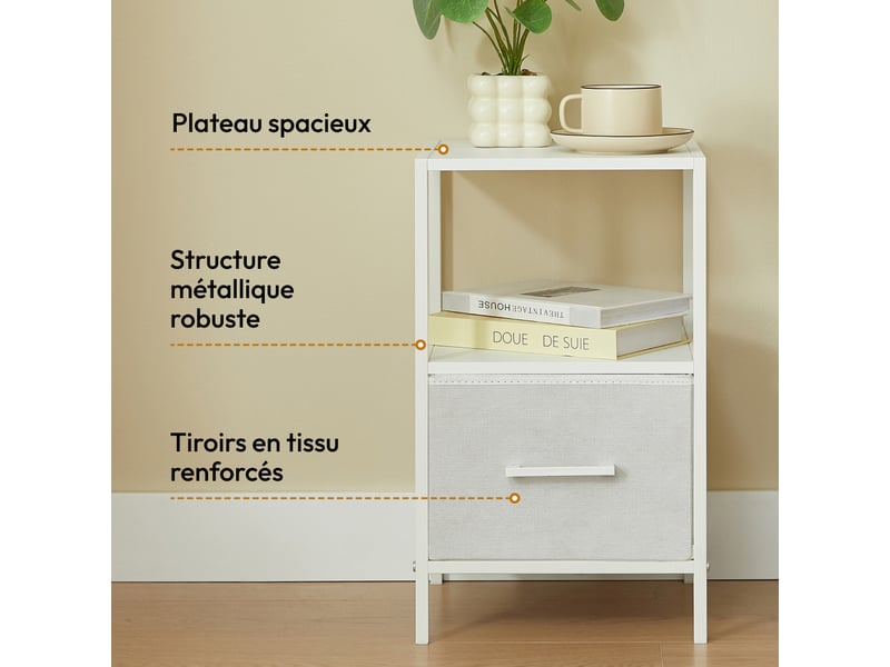  Casabel table de chevet blanche avec tiroir en tissu rigide, métal et bois, table d’appoint pour chambre ou canapé  - Conforama E