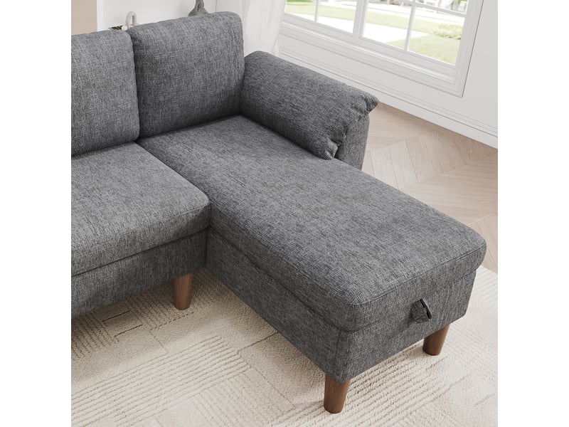  Canapé d'angle réversible 3 places avec coffre tissu chenille gris clair  - Conforama E