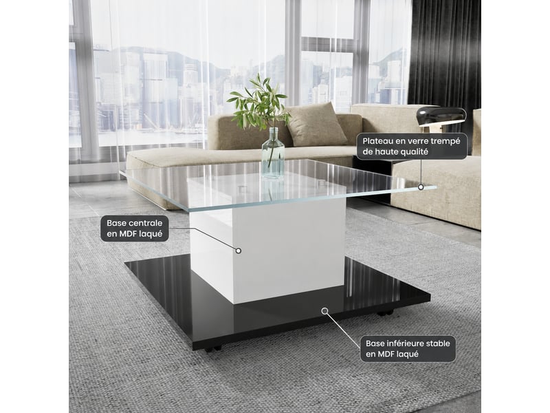  Table basse moderne en verre trempé avec éclairage led réglable, 80 x 80 x 40 cm  - Conforama D