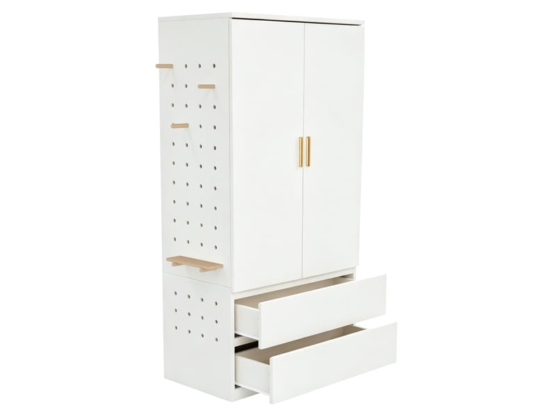 Armoire blanche multifonction avec panneau perforé latéral - 2 tiroirs - espaces de rangement cachés - penderie intégrée 70 x 50 x 170 cm - Conforama D