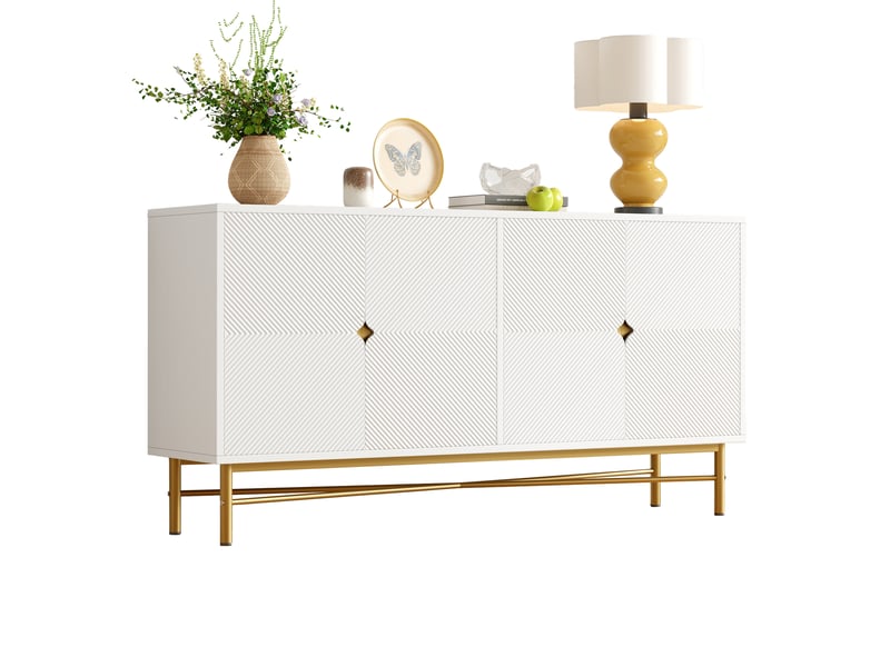 Buffet 160x40x82 cm avec 4 portes en relief texturé, meuble de rangement blanc avec pieds métal doré, design moderne en mdf - blanc - Conforama A