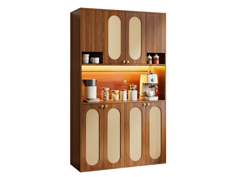  Buffet haut 8 portes avec bar centrale led réglable - lpospi - mdf et rotin pe naturel 106 × 40 × 178 cm  - Conforama A