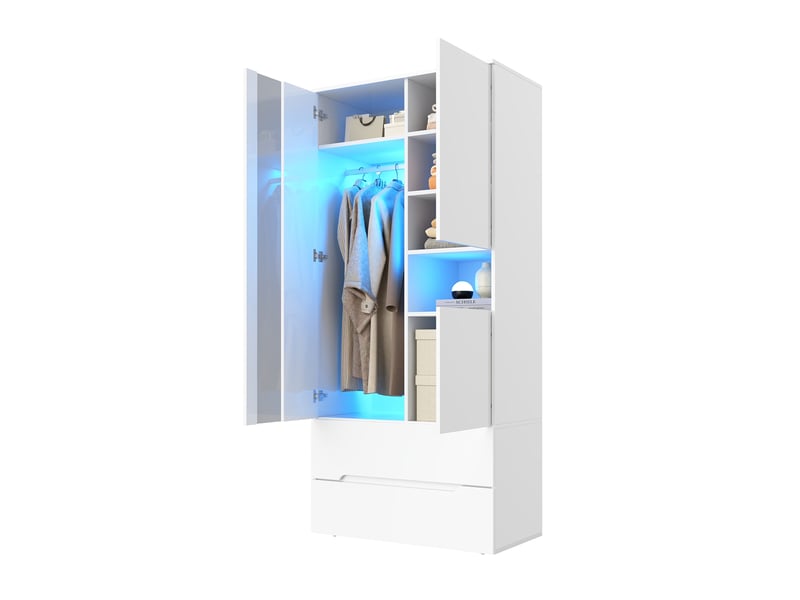  Armoire de chambre blanche avec led 90x50x200 cm 3 portes 2 tiroirs et penderie  - Conforama R
