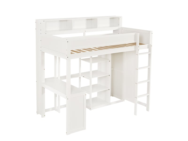  Lit superposé 2 places 90 × 200 cm avec bureau, armoire, étagères et barrières, sans matelas, blanc  - Conforama E