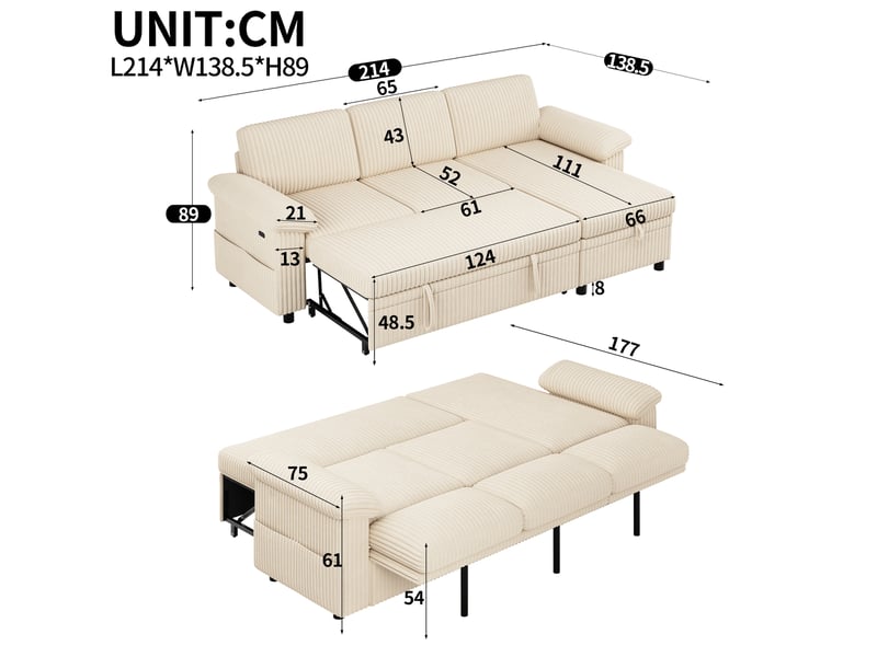  Canapé d’angle convertible modenvie réversible avec coffre, dossier réglable, usb et type-c, velours côtelé beige 214 x 138,5 x 89 cm  - Conforama C