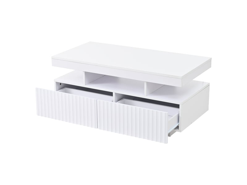  Table basse 100 x 50 x 45 cm avec deux tiroirs, à rayures verticales, thermoformée, table de salon, table basse avec bande lumineuse led, blanche  - Conforama D