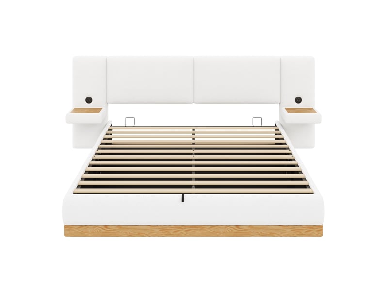  Lit coffre 180 x 200 cm, avec deux tables de chevet et ports de charge, finition en tissu bouclette « teddy » et pu, blanc  - Conforama A