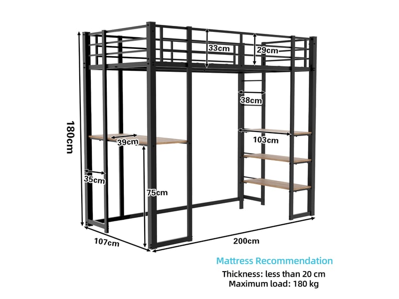  Lit mezzanine en fer 90×190 cm, bureau intégré, escalier et garde-corps, rangement sous couchage, à assembler  - Conforama C