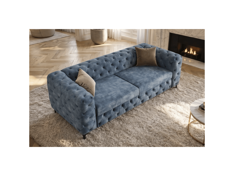  Canapé droit velena 3 places en velours capitonné – bleu – 235 x 74 x 95 cm  - Conforama B