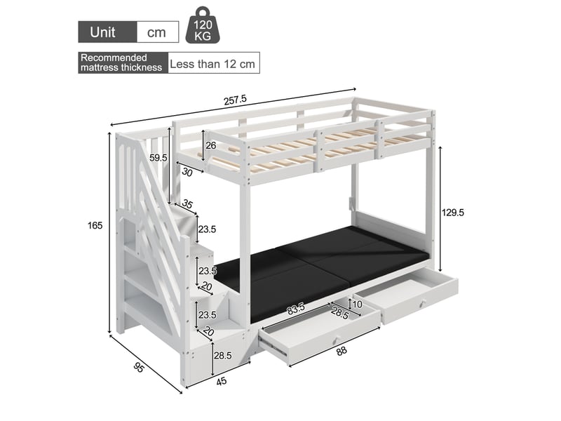  Lit superposé enfant 90x200 cm avec canapé, rangement et 2 tiroirs, blanc  - Conforama C
