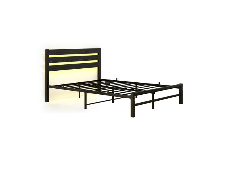  Lit double 140x200 cm, cadre de lit, led, port usb, tête de lit avec rangement, bois et métal noir  - Conforama B