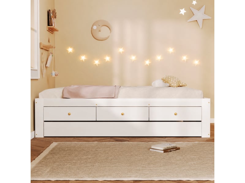  Lit gigogne blanc en bois avec 3 tiroirs et lit d’appoint, structure en mdf et pin, couchage 90 x 200 cm  - Conforama D