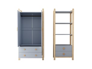 Ensemble armoire penderie et étagère de rangement avec tiroirs bleu et bois