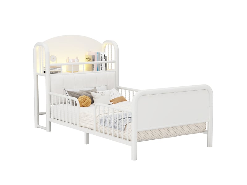 Lit enfant modenvie 90 x 200 cm avec rangement, led et barrière de sécurité blanc - Conforama A