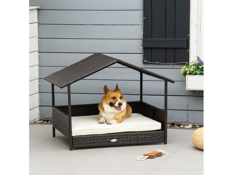 Niche extérieure en rotin pe 98 x 69 x 73 cm – marron – coussin amovible imperméable avec toit protecteur - Conforama B