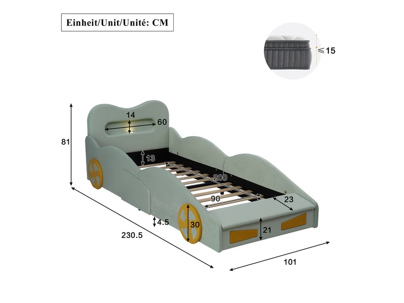  Lit rembourré pour enfants 90x200cm - design automobile - avec liseuses, ports de charge et espaces de rangement - tissu velours - vert (sans matelas)  - Conforama C