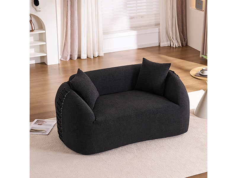  Canapé compressé 2 places 155x90x67 cm sans montage, sans structure, accoudoirs avec lacets, 2 coussins, mousse, tissu chenille noir  - Conforama B