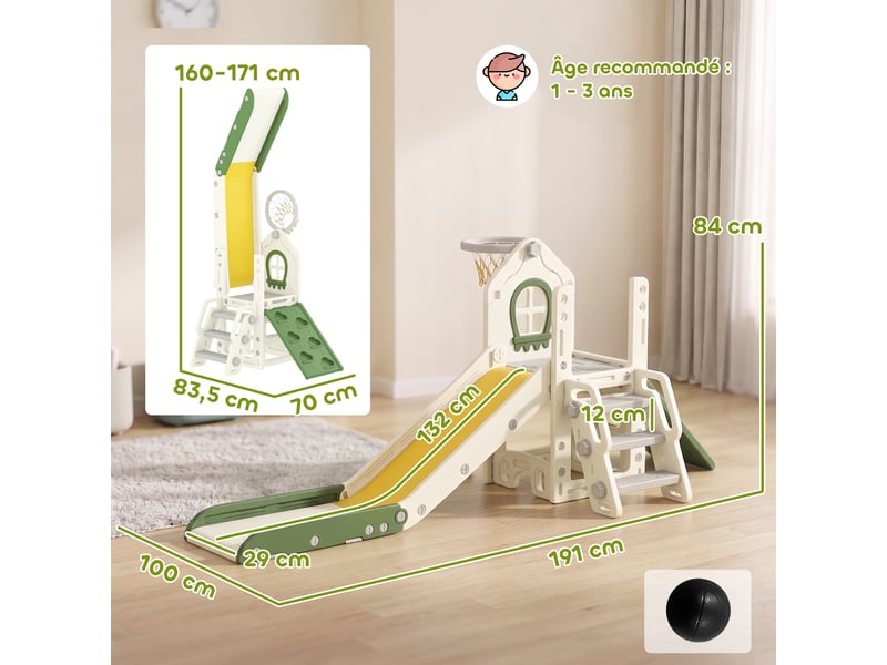  Toboggan pour enfant pliable 5-en-1 avec escalade, panier de basket, espace de rangement et ballon, crème  - Conforama C